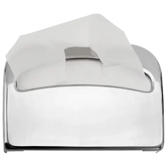 Dispensador papel cobertor wc metálico con detalle de papel dentro.